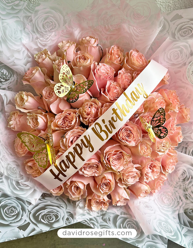 Enchanting 24 Pink Roses Bouquet with Butterfly & Happy Birthday Ribbon" (MB113)