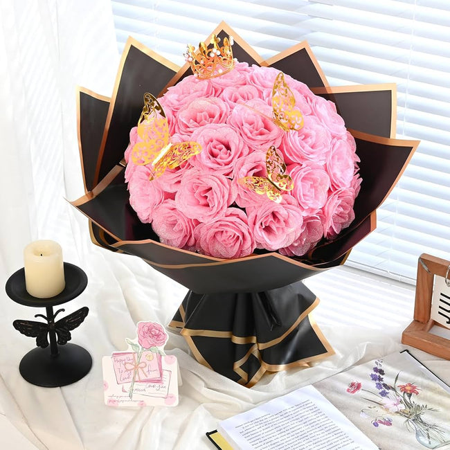 2 Dozen Pink Roses with Butterflies & Crown